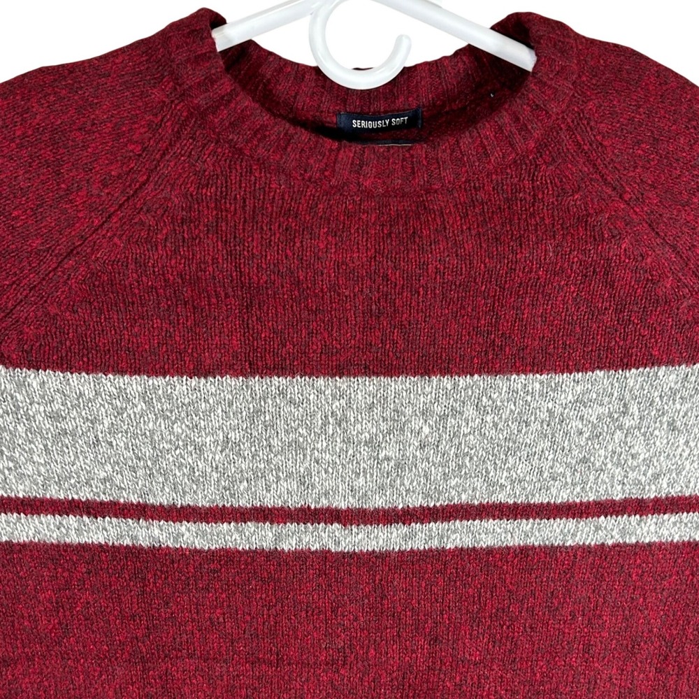 American Eagle Mens Seriously Soft Wool Blend Striped Sweater Burgundy Grey S